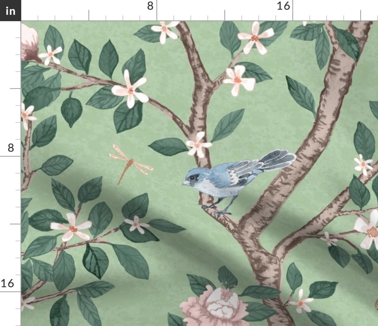 Green Chinoiserie Large Scale Peony Floral Romantic Botanical Classic Feminine Custom Printed Fabric by Spoonflower Various Fabrics by the Yard or Fat Quarter